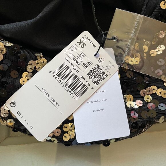 Mango Cocktail Party Sequined Zebra Mesh Mini Dress Womens XXS Black Gold NEW - Picture 6 of 8